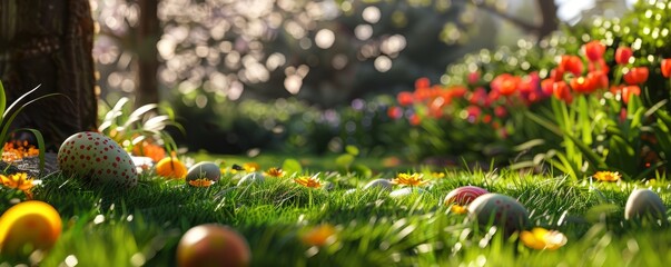 Canvas Print - Easter egg hunt in a garden, 4K hyperrealistic photo