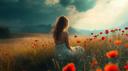 Wall Mural - woman in a field of poppies