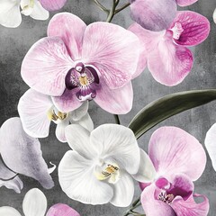 Wall Mural - For fabric, design or printing, watercolor pattern with white and pink orchids. Floral botanical ornament.