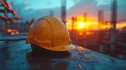 Hardhatted construction worker on urban skyline at sunset