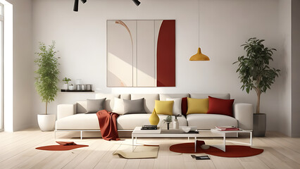 Wall Mural - A modern living room features sleek lines, chic furnishings, minimal decor, and bright, elegant accents.