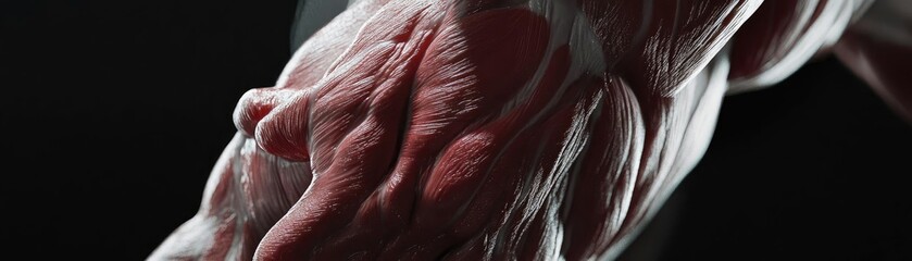 Wall Mural - Close-up of a muscular hand showcasing detailed skin and muscle structure against a dark background, emphasizing strength and anatomy.