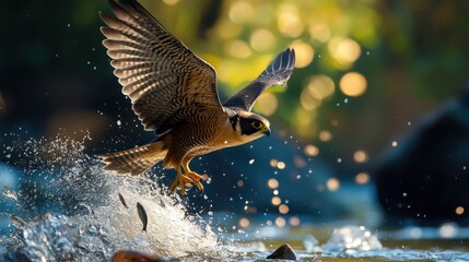 Wall Mural - Peregrine Falcon Catching Prey in Water