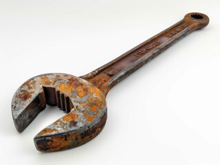 A close-up of a vintage, rusted adjustable wrench, showing the intricate details of its weathered and oxidized surface, which gives it a unique texture and character