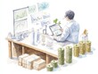 © Rona_65 - A financial analyst reviewing data and charts, surrounded by stacks of cash and packages, in a modern workspace setting. watercolor style.