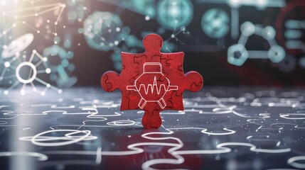 Poster - A single brown puzzle piece with a white heartbeat icon on a dark background with out of focus white puzzle pieces.