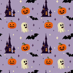 Seamless Halloween background with ghost, gloomy house, bat and pumpkins for use in textiles, wallpapers, packaging and holiday decorations Vector