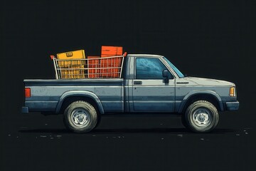 A grey pickup truck, creatively hand-drawn with a large shopping cart in its bed, is set against a backdrop of abstract shapes in soft greys and blacks