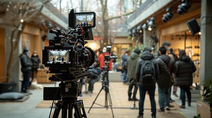 Wall Mural - a dynamic outdoor scene captures film production equipment, including cameras and crew members, focu
