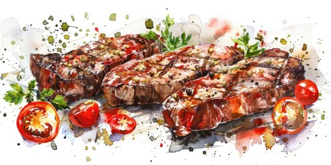 Watercolor Grilled Sirloin Steaks with Fresh Tomato and Spices on White Background