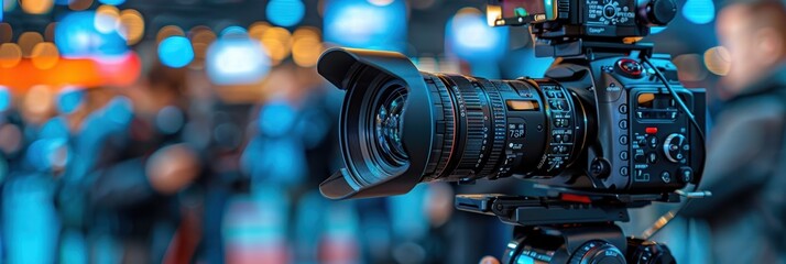 Wall Mural - close-up view of a professional video camera set up for filming in a busy, colorful environment with