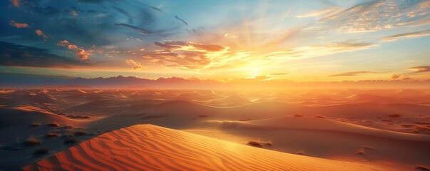 Wall Mural - Sunset over a desert landscape with sand dunes, 4K hyperrealistic photo,