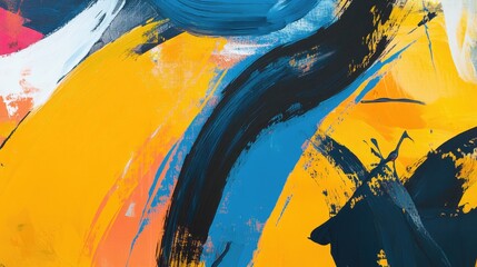 Sticker - Abstract Painting with Yellow, Blue, and Black Strokes