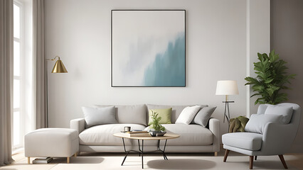 Wall Mural - A modern living room features sleek lines, chic furnishings, minimal decor, and bright, elegant accents.