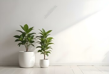 Two potted plants with green leaves on a white wall background.