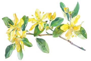 Poster - Watercolor Illustration of Hypericum Perforatum Flower Blossom, Herbal Remedy for Health Care