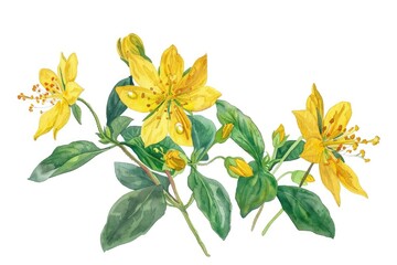 Poster - Watercolor Illustration of Hypericum Perforatum Plant with Essential Oil Drop on White Background