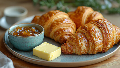 Wall Mural - Fresh croissant on wood table, butter and bread generated by AI