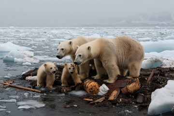 two adult polar bears and two cubs stand on ice, surrounded by debris, highlighting the impact of po