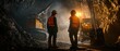 © indyntk - Two miners checking progress on a mining site, surrounded by equipment and excavation details, clear communication