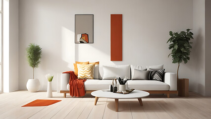 Wall Mural - A modern living room features sleek lines, chic furnishings, minimal decor, and bright, elegant accents.