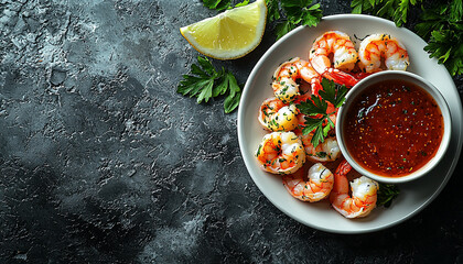 Poster - Fresh seafood plate with healthy avocado and lemon generated by AI