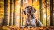 © Sayfar - pet, leaves, greyhound, fall, autumn, A German Shorthaired Pointer Greyhound mix dog with a sleek coat resting in a picturesque autumn forest photographed from a low angle perspective