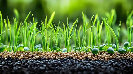 Freshly grown green grass with various types of seeds scattered on the soil, showcasing nature's beauty and the cycle of growth and renewal.