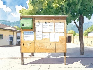 An artistic watercolor depiction of a wooden bulletin board in a serene outdoor setting, surrounded by trees and buildings. watercolor style.