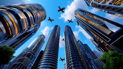 A modern city skyline with drones flying under a clear blue sky, showcasing the future of urban technology and innovation.