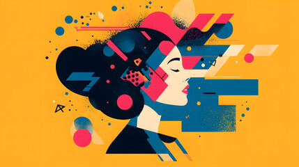 Young woman’s brain exploding information to social media. style geometric minimalism with bright colors, abstract illustration of a young woman's brain exploding .