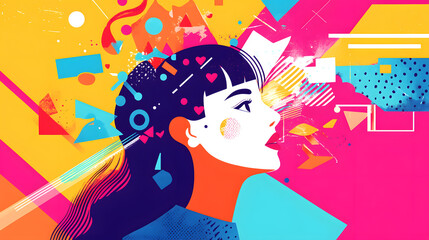 Young woman’s brain exploding information to social media. style geometric minimalism with bright colors, abstract illustration of a young woman's brain exploding .