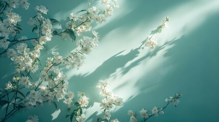 Wall Mural - Soft Floral Blossoms Against Dreamy Pastel Green Background with Tranquil Botanical Ambience