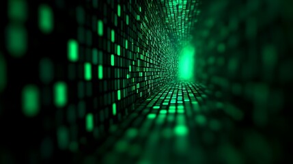 Glowing Green Futuristic Digital Tunnel with Flowing Binary Code Matrix Background