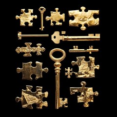 Set gold puzzles with key black background image