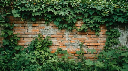 Green Vines Growing on a Weathered Brick Wall