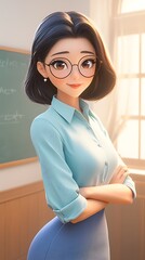 Sticker - cartoon girl with glasses and a blue dress in front of a chalkboard