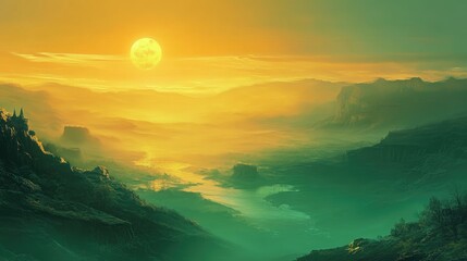 Wall Mural - A Full Moon Rises Over A Misty Mountain Valley