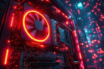 Wall Mural - Closeup of a Computer's Interior with Red LED Lights