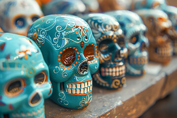 A row of blue skulls decorated with flowers are lined up on a shelf for the Day of the Dead.