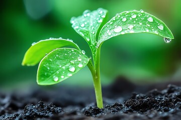 A close-up of a fresh green plant sprouting from rich soil, adorned with droplets of water, symbolizing growth and renewal.