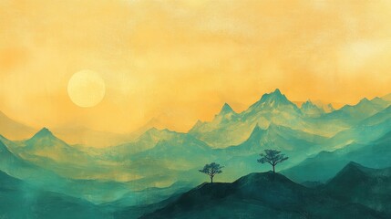 Abstract Painting of Two Trees on a Mountain Ridge Against a Yellow Sky