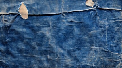 Blue Fabric with Torn Patches and Wrinkles