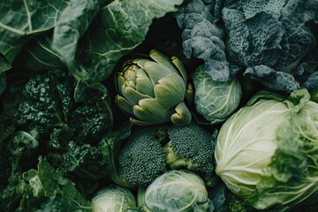 A close-up shot of various green vegetables, including artichoke, broccoli, cabbage, and kale.