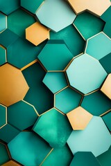 Wall Mural - Abstract Hexagon Pattern in Green and Gold.