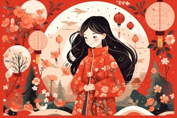 Sticker - Lunar new year drawing kimono anime.