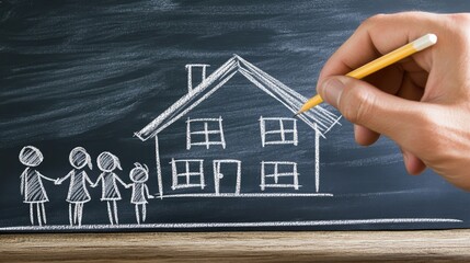 A man hand draws a house roof over a chalkboard family, illustrating the concept of providing shelter and security through home ownership.