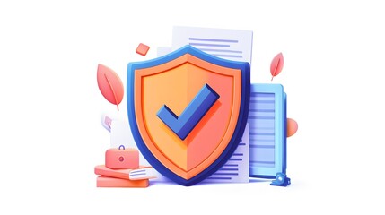 Document with shield and check mark. Health insurance, document security , data protection, finance and medical service concept. 3d vector icon. Cartoon minimal style. White background