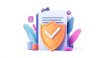 Document with shield and check mark. Health insurance, document security , data protection, finance and medical service concept. 3d vector icon. Cartoon minimal style. White background