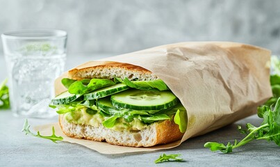 A fresh and healthy avocado and cucumber sandwich wrapped in brown paper, with a glass of water and fresh arugula on the side.